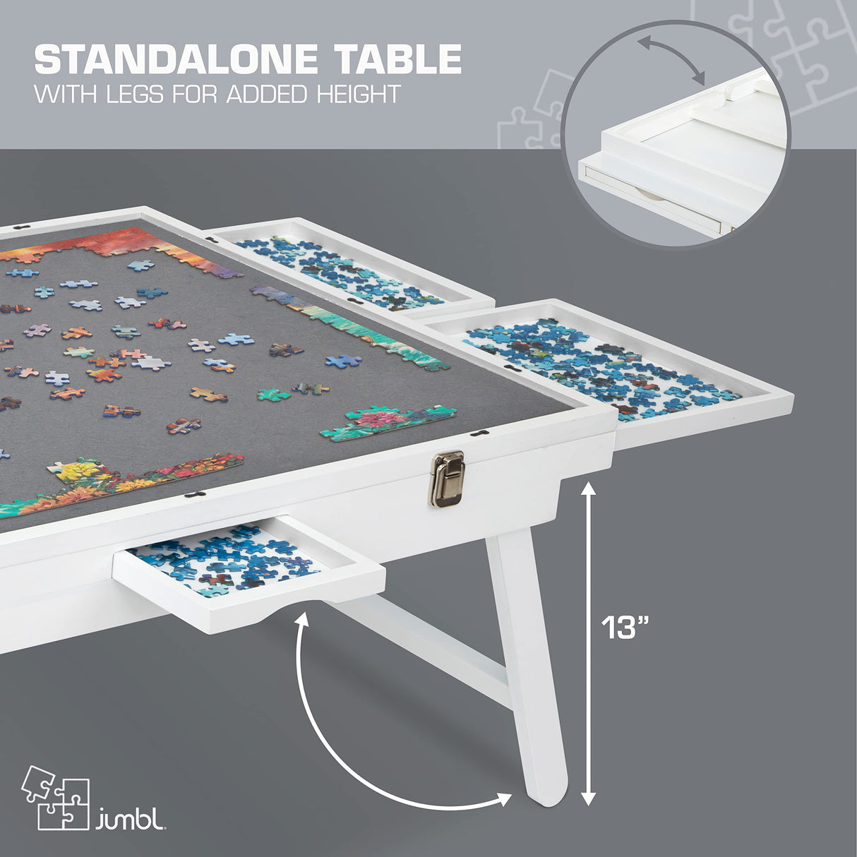 Jumbl Premium 1000-Piece Tilting Puzzle Board Rack w/Felt Surface 6 Removable Sorting Drawers Interlocking Cover | 23” x 31” Wooden Jigsaw Puzzle Table w/Legs | Reinforced Hardwood Construction Jumbl