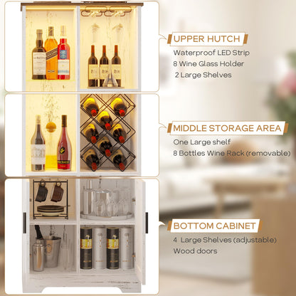 dnbss Wine Cabinet, Wine Bar Cabinet with LED Lights, Liquor Cabinet with Glass Holder Wine Rack, Farmhouse Modern Liquor Cabinet with Storage for Home (Wood White)