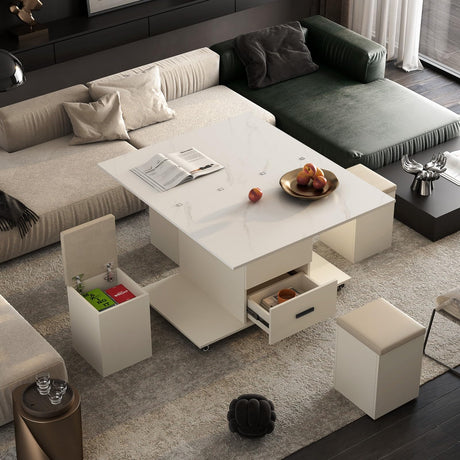 HEIGHYOXP Lift-Up Coffee Table with 4 Stools Set for Living Room Expandable 1 Hidden Storage + 2 Drawers Space Saving Folding Table HEIGHYOXP