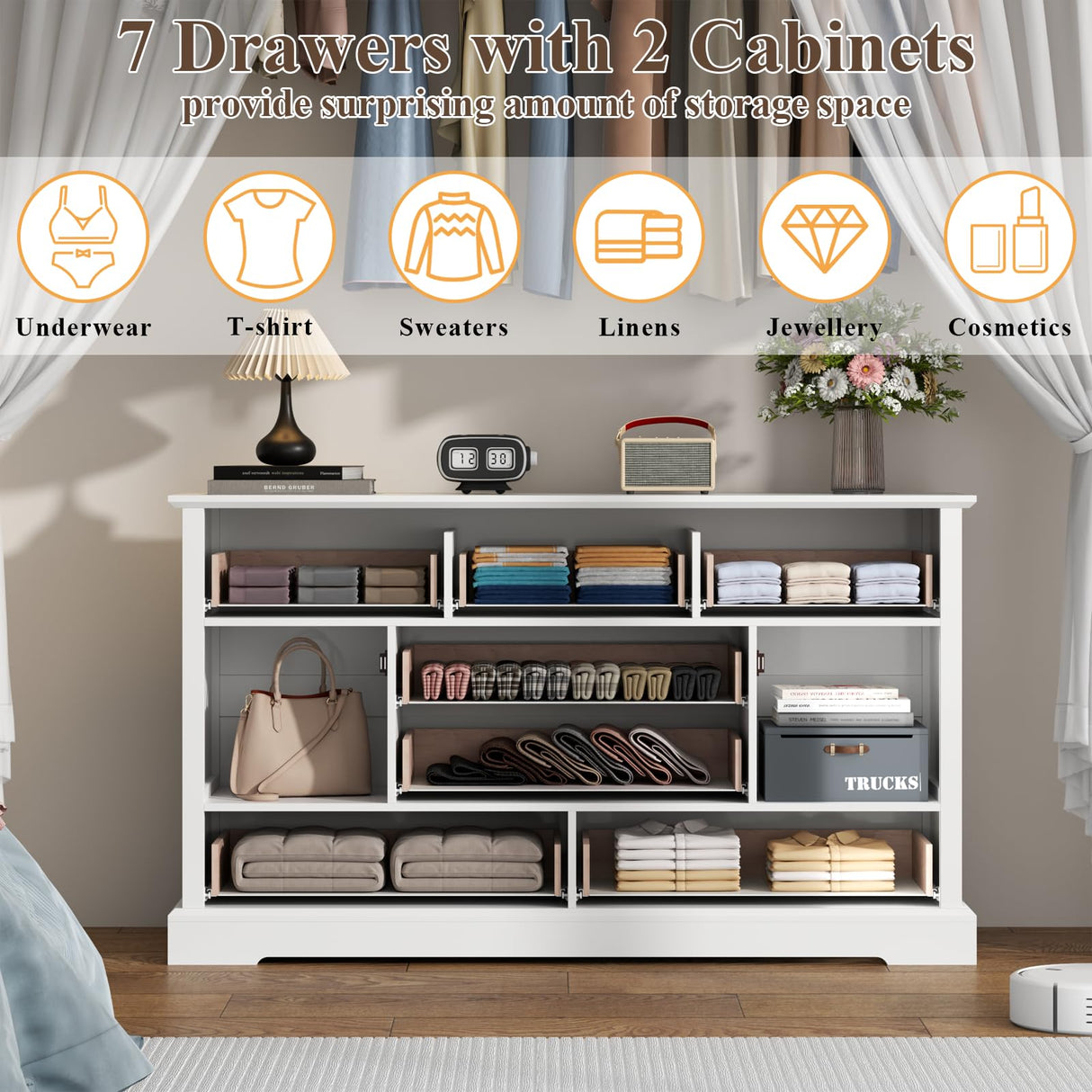 Gyfimoie Farmhouse 7 Drawer Dresser for Bedroom, Wood Chest of Drawers with 2 Doors, White Dressers with Round Metal Handle, Large Storage Dresser Organizer, Long TV Stand for Living Room, White Gyfimoie