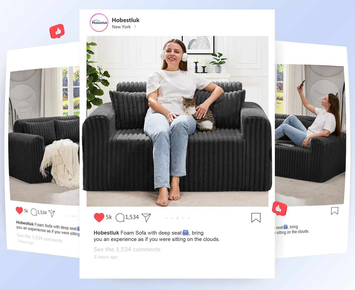 Hobestluk Couch Sofa 2-Seater Foam Sofa Loveseat for Small Spaces Comfy Sofas with Removable Cover Furry Couch with Pillows for Living Room, Bedroom, Apartment, Office (Black, Loveseat) Hobestluk