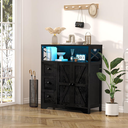 Yoobure Storage Cabinet with Doors and Shelves, LED Coffee Bar Cabinet with Power Outlet, Farmhouse Kitchen Buffet Cabinet with Drawers Accent Pantry Cabinet Sideboard for Living Room Entryway