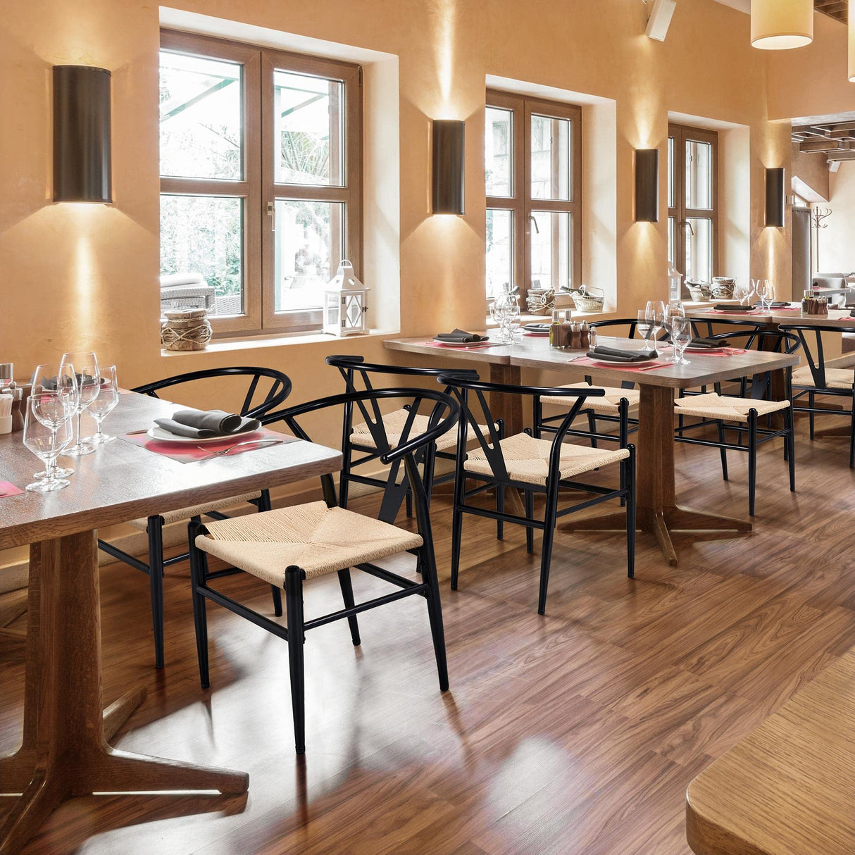 Yaheetech Set of 4 Weave Chair Mid-Century Metal Dining Chair Y-Shaped Backrest Hemp Seat, Black Yaheetech