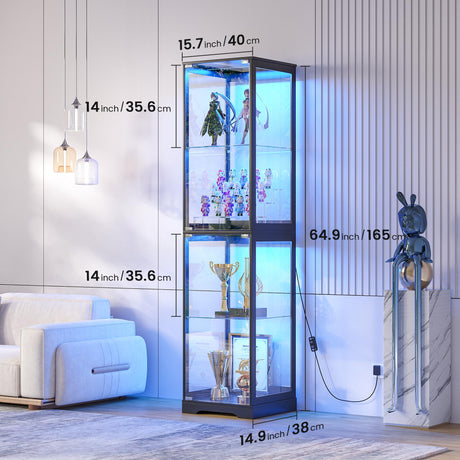Glass Display Cabinet with Doors, 65" Tall 4-Tier Curio Display Case with 3 Color Lights and Human Body Sensor, Bookcase for Collectibles, Black WEQUB