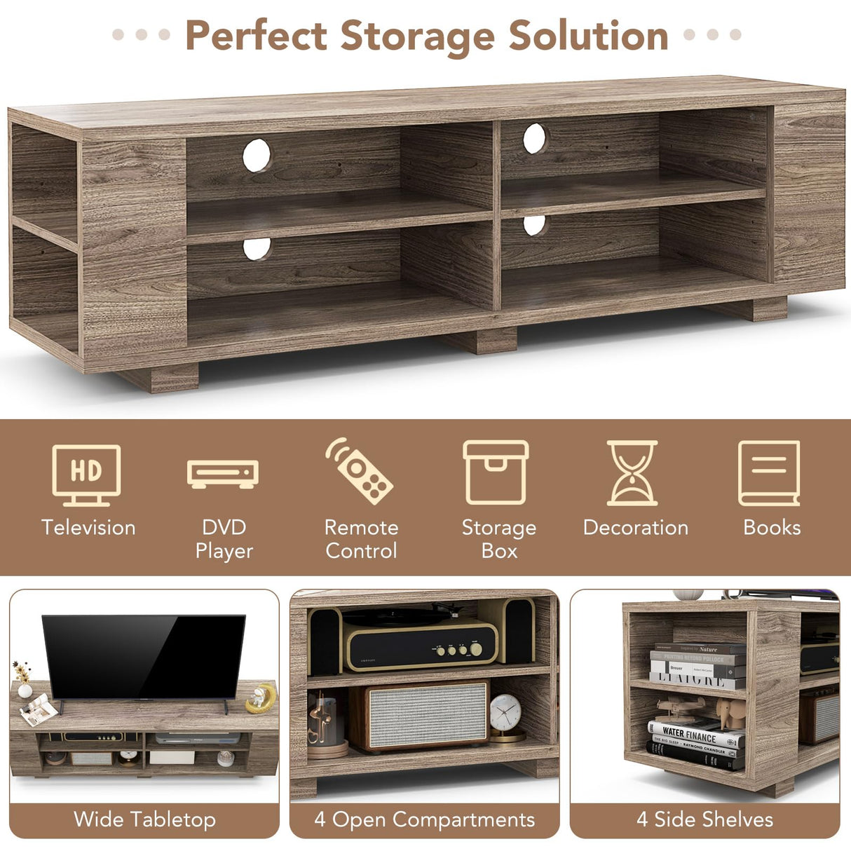 Tangkula Wood TV Stand for TVs up to 65 Inch Flat Screen, Modern Entertainment Center with 8 Open Shelves, Universal TV Storage Cabinet for Living Room Bedroom, TV Console Table (Warm-Grey) Tangkula