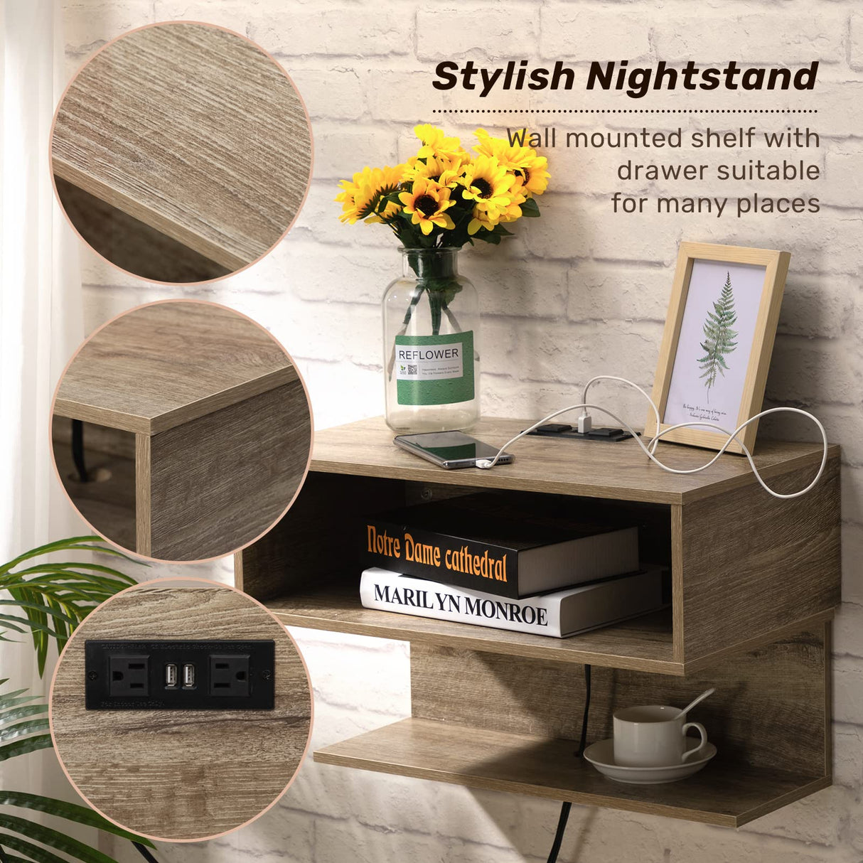 ALIMORDEN Floating Nightstand with Charging Station, Wall Mount Bedside Shelf with Drawer Storage USB Ports and Power Outlets, Small Wall Shelves for Bedroom, Weathered Oak ALIMORDEN