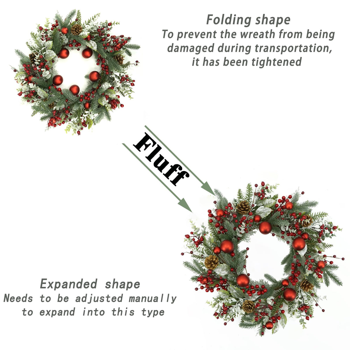 AMF0RESJ 20 inch Artificial Christmas Wreath Winter Wreath with red Ball,red Berry,Pine Needles for Indoor Outdoor Farmhouse Home Wall Window Festival Wedding Decor AMF0RESJ