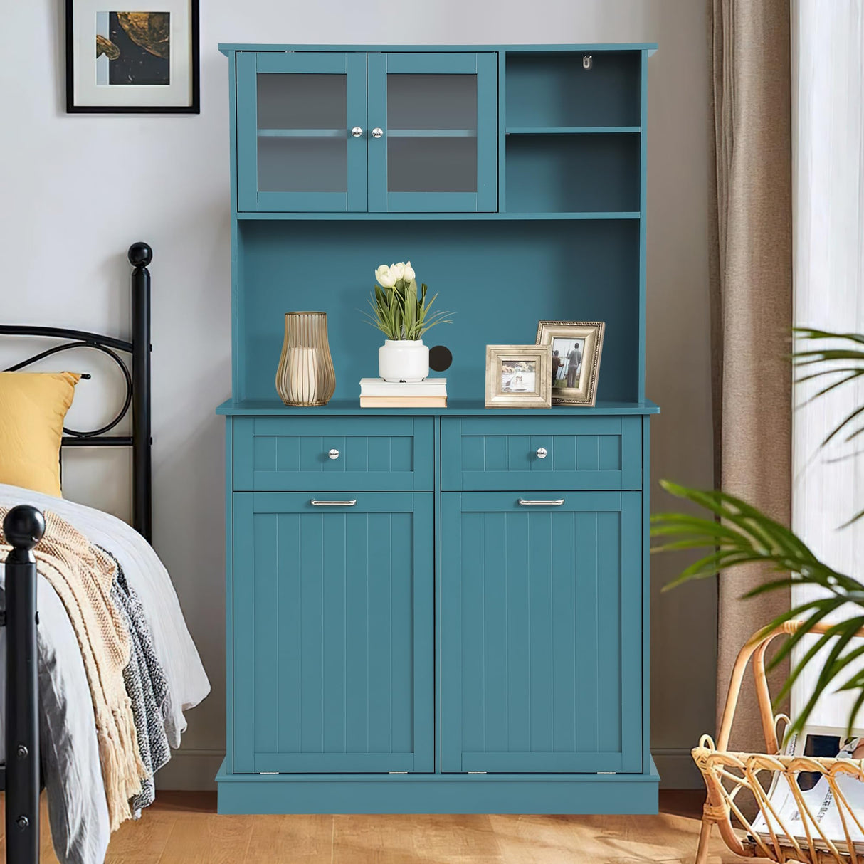 YOCONYO Double Tilt Out Trash Cabinet Storage Cabinet 20 Gallon with Two Solid Wood Hideaway Trash Holder Drawers, Dual Wooden Free Standing YOCONYO