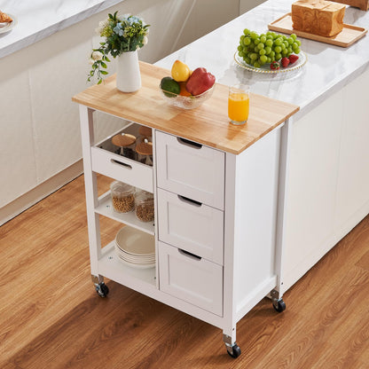 VEVOR Kitchen Island Cart, 26 inch Wood Top Mobile Breakfast Bar, Rolling Kitchen Table with 3 Drawers and Shelves, Portable Islands on Wheels, for Dining Kitchen Living Room Farmhouse, White