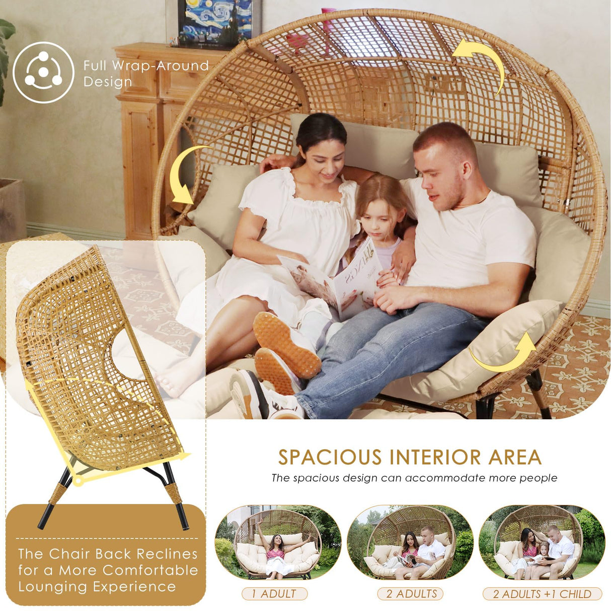 NICESOUL® Double Egg Chair Indoor Outdoor Stationary Oversized Thicken Padded Cushions,2 Person Egg Loveseat Chair,680 lbs Extra Large Lounge Chair for Patio Balcony Porch Backyard Beige with Cover NICESOUL