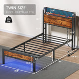 Furnulem Twin Bed Frame with LED Lights, Charging Station, and Under-Bed Storage in Rustic Brown Furnulem