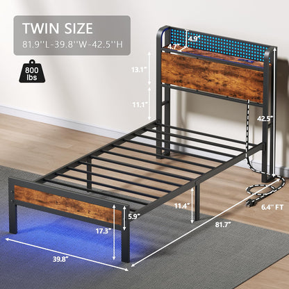 Furnulem Twin Bed Frame with LED Lights, Charging Station, and Under-Bed Storage in Rustic Brown - WoodArtSupply