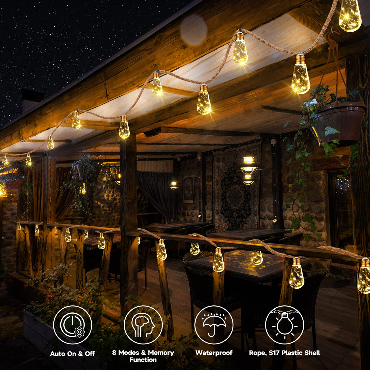 Solar Outdoor String Lights, 20Ft Vintage Rope Hemp Solar Patio Lights, Waterproof Warm White Solar Powered String Lights With 8 Modes 16 Shatterproof Bulbs for Garden Fence Stairs Balcony Café Bistro Jnaurb