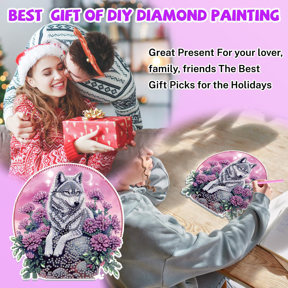 Bowetile Wolf Diamond Art Hanging Kits for Adults Kids, 5D Special Shape Diamond Painting Flowers Pendant Kits, Gem Art Suncatchers Painting Window Ornament for Home Garden Wall Decor Bowetile
