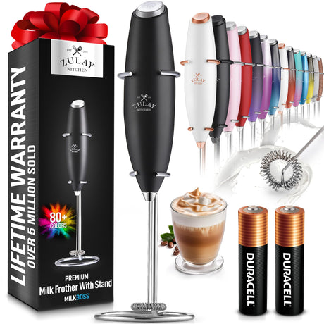 Zulay Kitchen Powerful Milk Frother Wand With 2 Duracell Batteries - Ultra Fast Handheld Drink Mixer - Electric Whisk Foam Maker for Coffee, Lattes, Cappuccino, Matcha, Hot Chocolate & Creamer - Black Zulay Kitchen