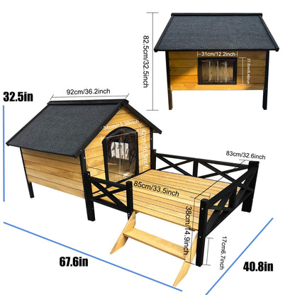 68'' Wooden Dog House Outdoor with Porch, Outside Dog House with Weather-Resistance Roof and Curtains, Wood Pet House Indoor Outdoor for Small Medium Dogs Pets, Natural - WoodArtSupply