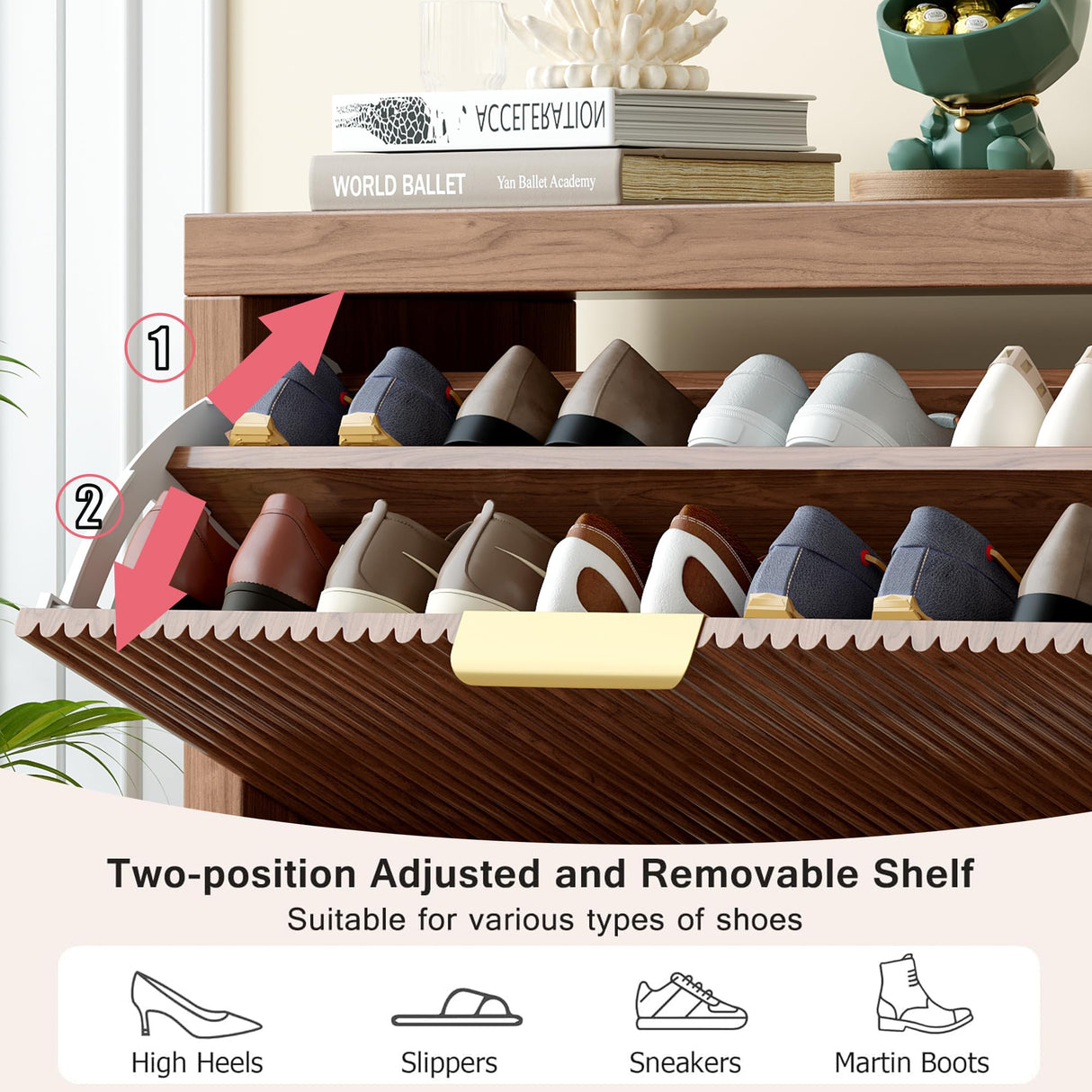 Vudanfe Modern 2-Tier Flip Drawer Shoe Cabinet, Freestanding Hidden Slim Narrow Shoe Rack Cabinet, Wooden Large Capacity Shoe Storage Cabinet Shoe Organizer, for Entryway, Hallway, Walnut X2 Vudanfe