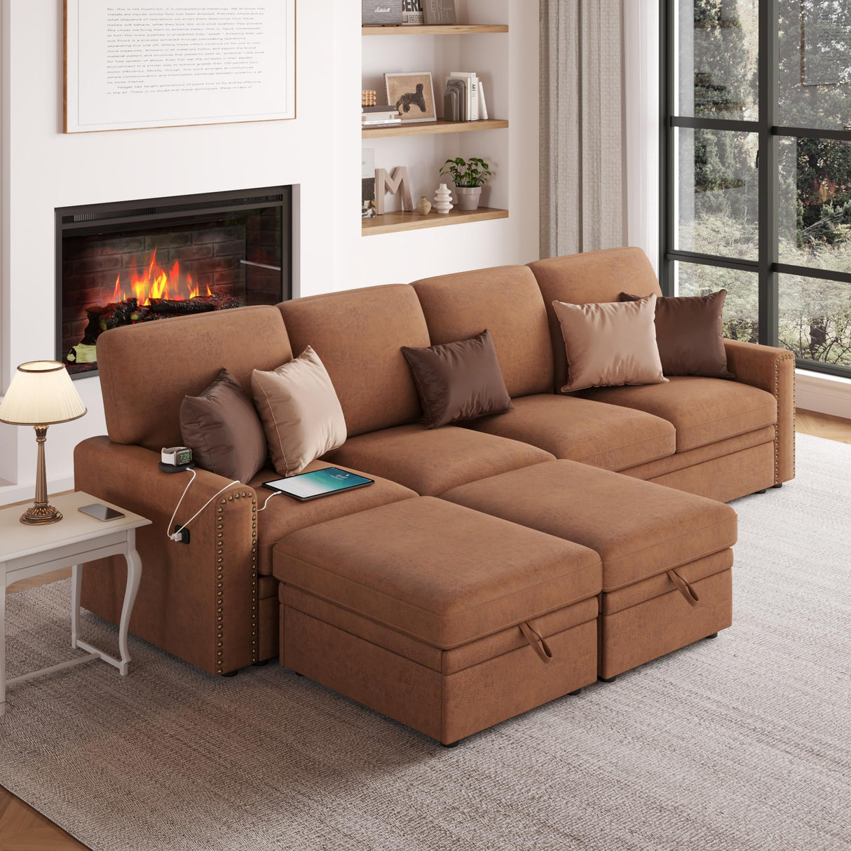 HIFIT 101" W Sectional Sofa with Storage Seats and USB Ports, 6 Seater U Shaped Sectional Couch with Double Chaise, Brown Leather Sofa Couches for Living Room, Small Sofa HIFIT