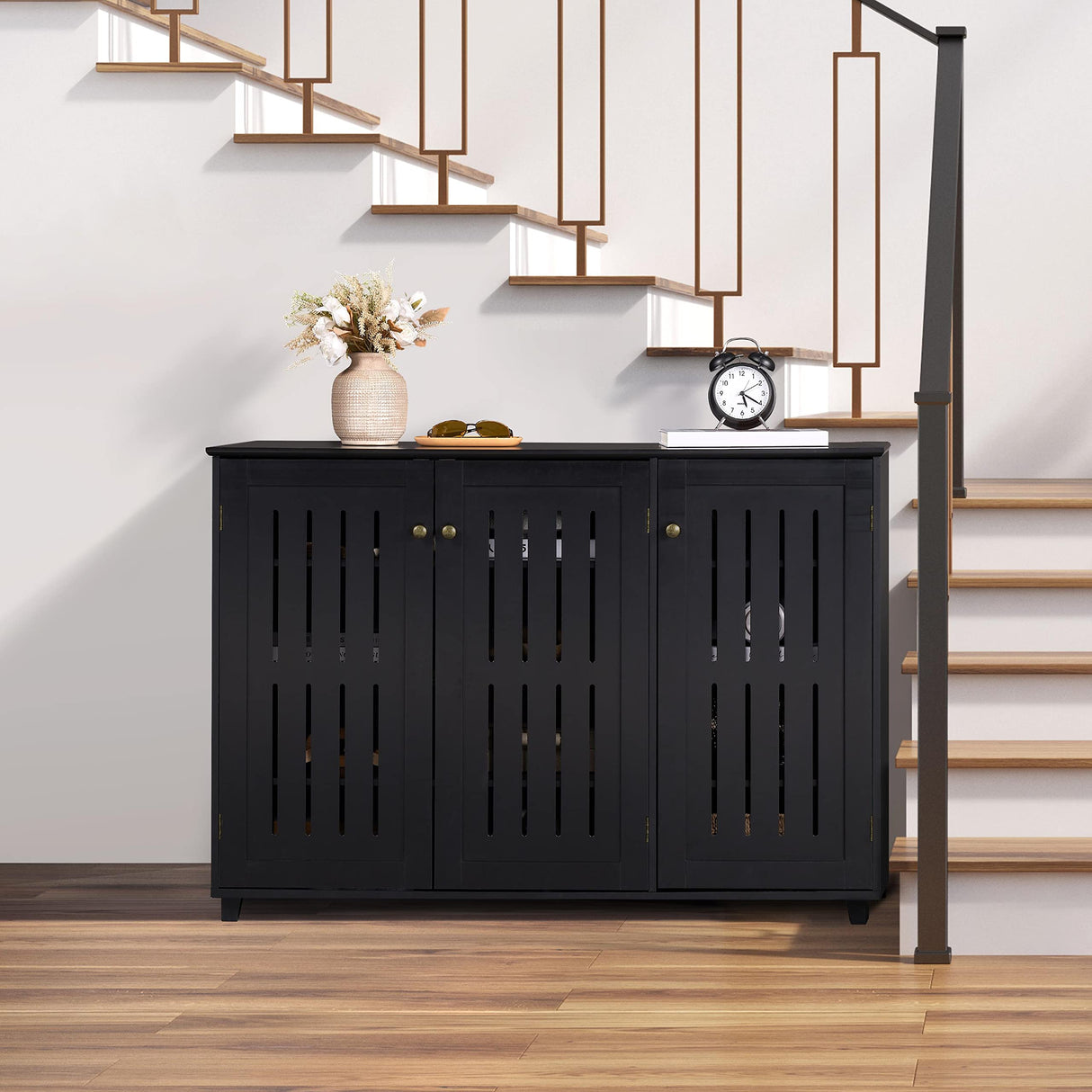 Yaheetech Shoe Storage Cabinet Floor Storage Organizer Wooden Cabinet with 3 Doors Adjustable Shelf for Entryway Living Room Home Office Black Yaheetech