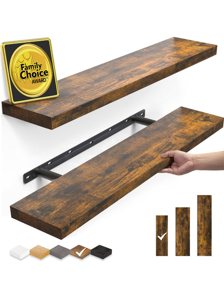 BAYKA Floating Shelves Set of 2, 22.5" Rustic Wood Wall Mounted Shelves for Bathroom, Bedroom, Living Room, Kitchen & Office, Hanging Display Shelf with 22 lbs Capacity (Rustic Brown) BAYKA