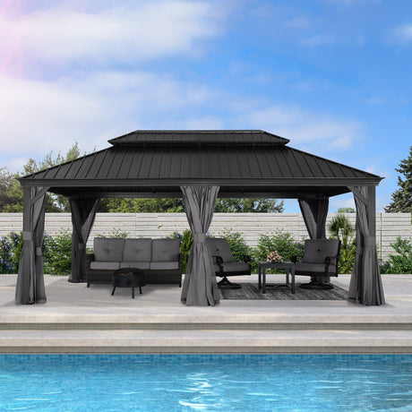 ABCCANOPY 12x20 Hardtop Gazebo - Outdoor Metal Gazebo with Galvanized Steel Roof, Permanent Aluminum Pavilion with Netting and Curtain for Patio, Lawn, Garden (Double Roof, Gray) ABCCANOPY