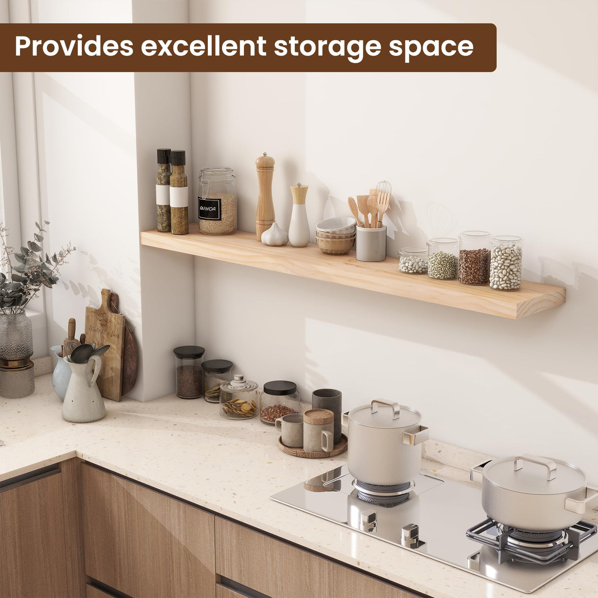 Heimlove Wood Floating Shelves for Wall,Fireplace Mantel Shelves,Rustic Farmhouse Floating Shelves 48 inch,Solid Pine Wood Wall Shelf for Bathroom,Bedroom,Living Room,Kitchen,Office Decor-Natural Heimlove