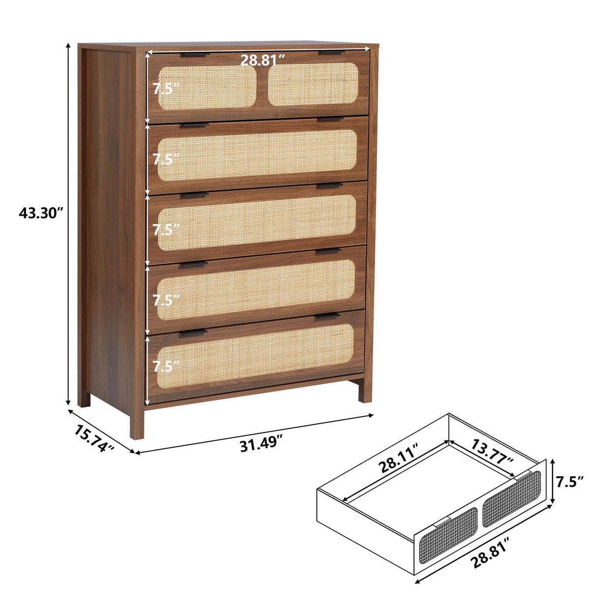 LEVNARY 5 Drawer Chest Dresser, Rattan Tall Dresser 5 Chest of Drawers for Bedroom, Wood Storage Cane Cabinet with Metal Handles, for Living Room, Hallway, Nursery (Walnut) LEVNARY