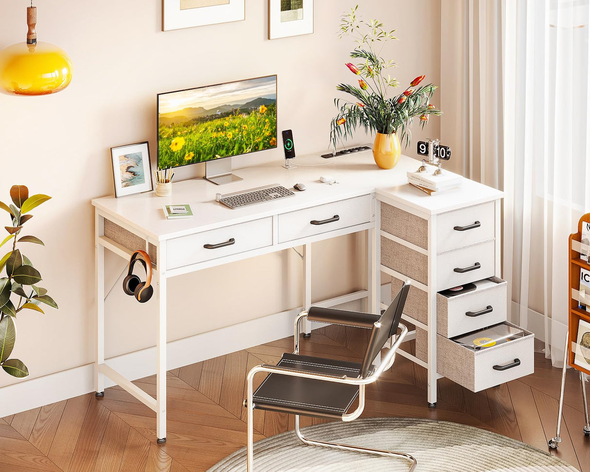 Coleshome 42 Inch L Shaped Desk with Drawers, Computer Desk with Power Outlets, Home Office Desk with 6 Drawers, Reversible Corner Desk for Small Space, Study Work Table with Hook, White Coleshome