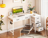 Coleshome 42 Inch L Shaped Desk with Drawers, Computer Desk with Power Outlets, Home Office Desk with 6 Drawers, Reversible Corner Desk for Small Space, Study Work Table with Hook, White Coleshome