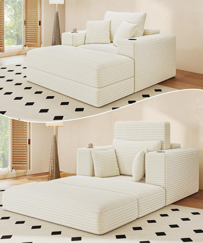 Busaurus 62" Oversized Chaise Lounge Chair Indoor, Fluffy Corduroy Upholstered Boneless Couch, Convertible Sleeper Sofa Bed & Reading Chair, Cloud Sofa Couches for Living Room, No Assembly, Beige