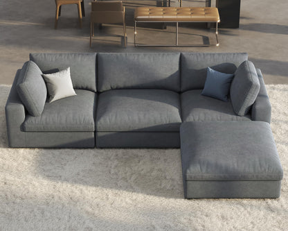 PaPaJet Modular Sectional Sofa, 114 Inches Oversized Down Filled Sectional Sofa, 4 Seats L Shaped Cloud Couch with Chaise, Ottoman, Comfy Sofa for Living Room, Grey Linen Couch Set