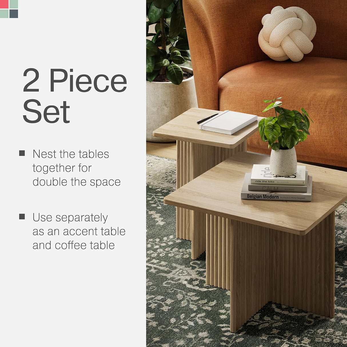 Square Fluted Nesting Coffee Table - Low Profile 2 Piece Square Coffee Table Set - Living Room Furniture - Modern Home Decor - Solid Oak Base (Natural Oak) Stead