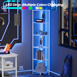 Furnulem 6 Tier Corner Shelf with LED Light, 67.5” Tall Standing Shelf Organizer, White Narrow Bookshelf with Storage Rack for Wall Corner, Living Room, Bedroom, Metal Frame, Wood Display Shelf Furnulem