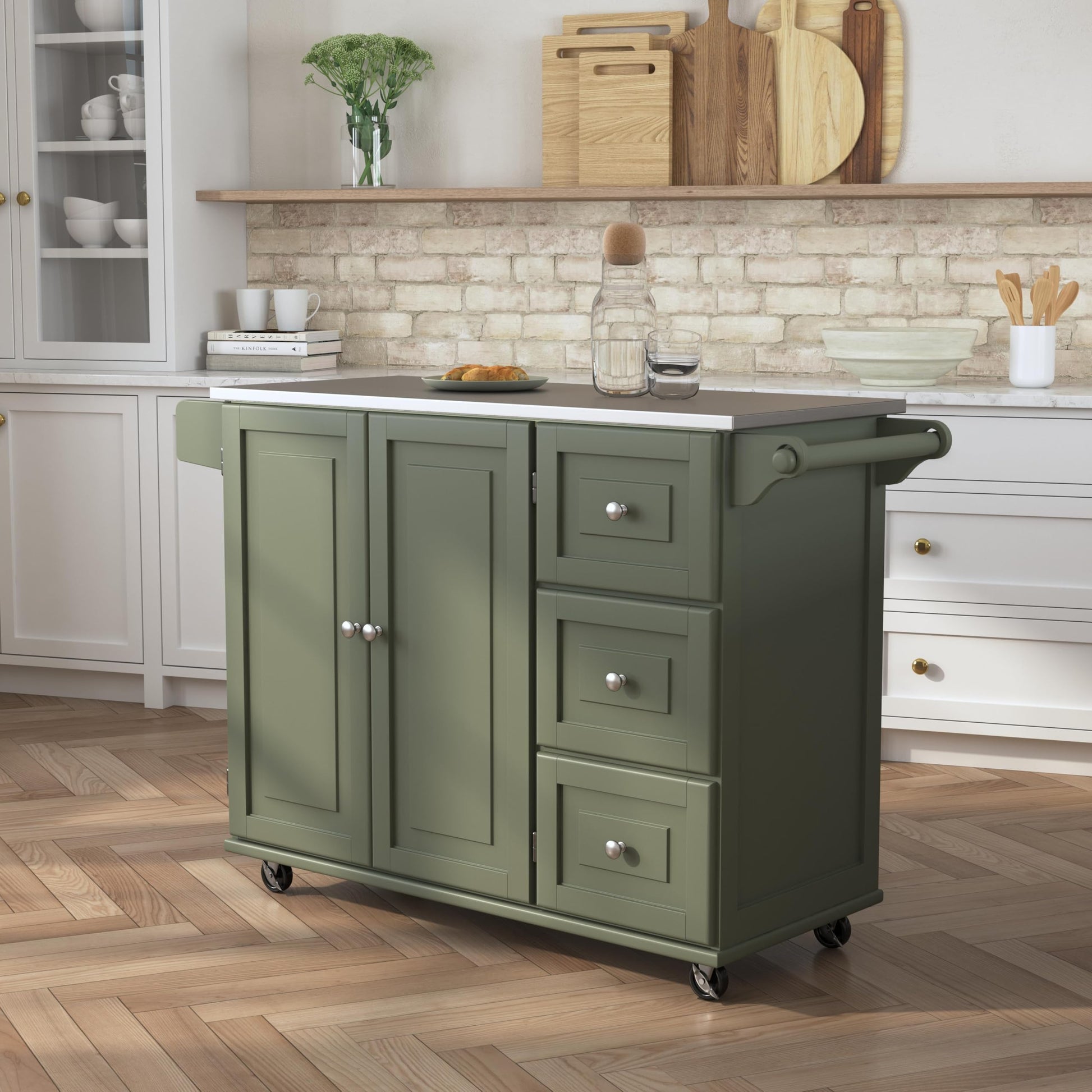 Homestyles Mobile Kitchen Island Cart with Stainless Steel Top, Sage Green - WoodArtSupply