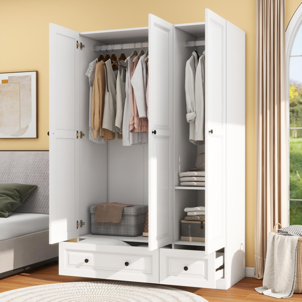 LABROSKIA White Wardrobe Closet with 3 Doors: 74" Bedroom Armoire Wardrobe Closet with 2 Drawers, Wooden Cabinet with Hanging Rod, Modern Armoire Closets with Shelves (White, 47") LABROSKIA