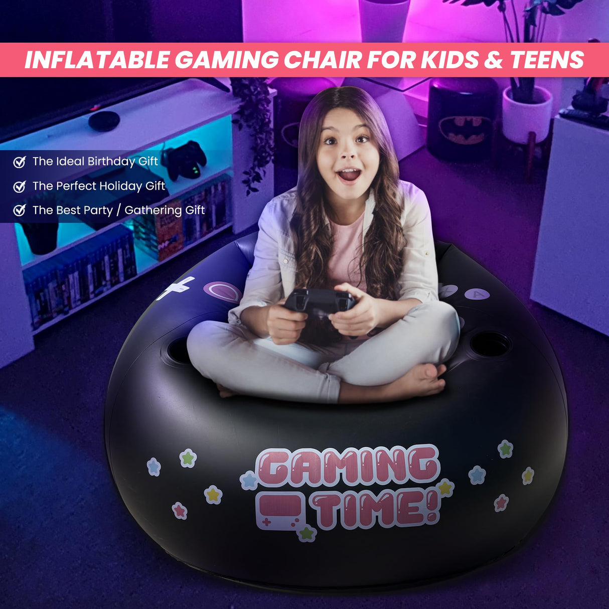 Inflatable Gaming Chair for Kids & Teens with Cup Holders and Side Pocket - This Air Gaming Bean Bag Chairs for Kids is The Perfect Furniture for Gamer Room Decor - Perfect Gaming Stuff for Boys 4-12 FranFusion
