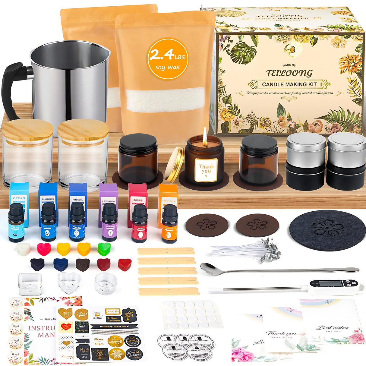 FEILOONG Candle Making Kit for Adults Beginners, Complete Candle Making Supplies Include Soy Wax, Candle Jars, Scents, Wicks & More, DIY Starter Candle Making Full Set, Arts Crafts Kit FEILOONG
