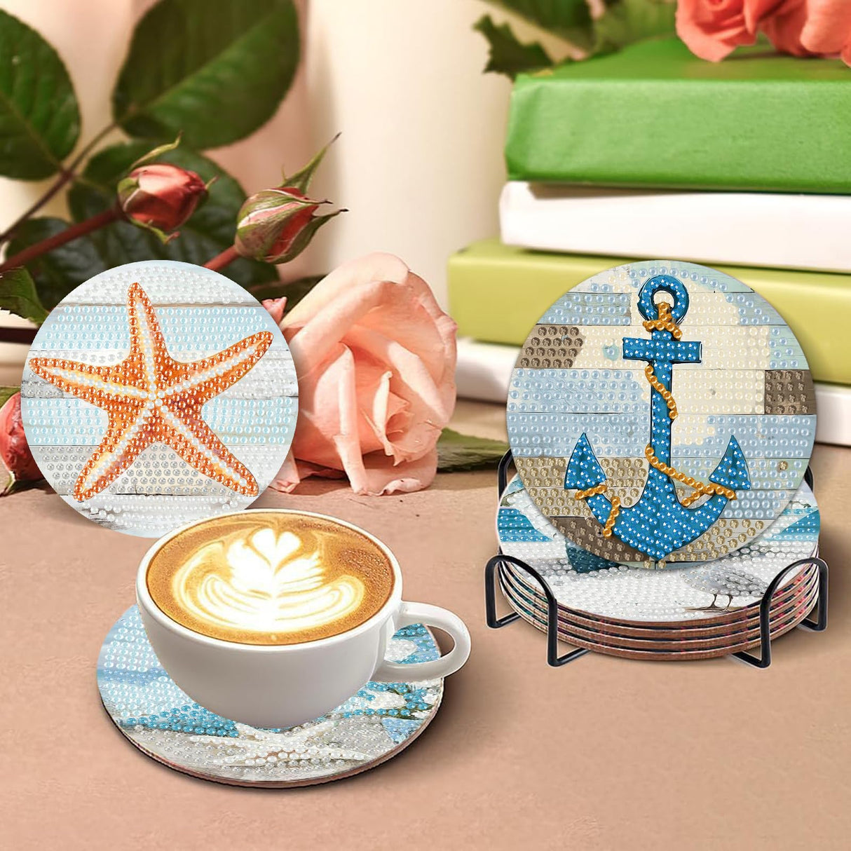 askkqtx 8 Pcs Beach Diamond Art Coasters Kits with Holder, Sea Diamond Painting Coasters Kits for Adults, Light House DIY 5D Diamond Dots Small Mini Kit Full Drill Art Craft Supplies 4X4 Inch askkqtx