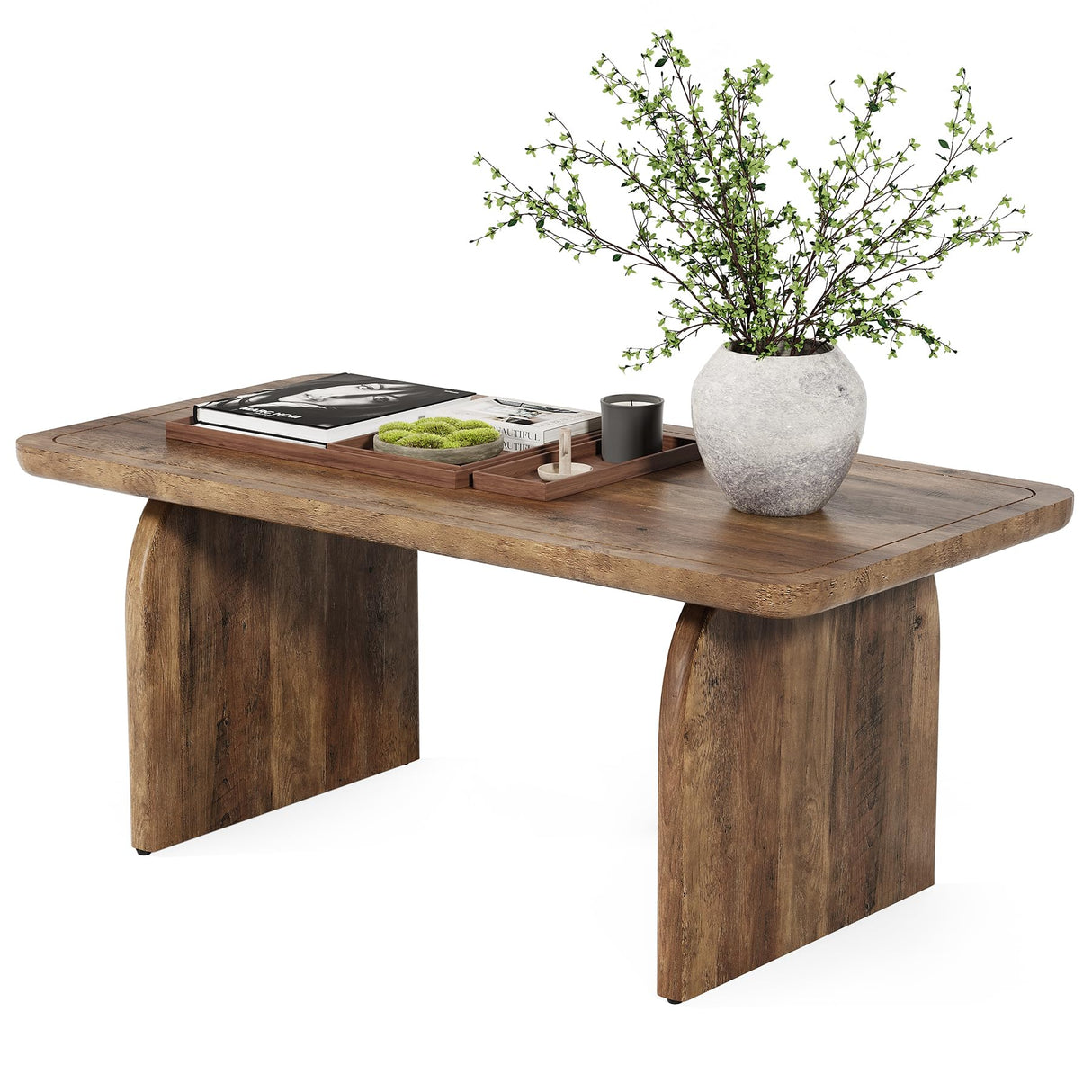 LITTLE TREE Farmhouse Coffee Table, 47 Inches Wooden Center Tables with Rounded Corners, Rectangular Living Room Tables, Modern Low Cocktail Tea Furniture for Living Room (Rustic Brown) LITTLE TREE