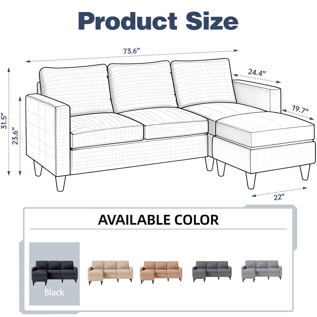 SUNLEI 73.6" Modular Sectional Sofa, Comfy Cloud Couch with Movable Ottoman Deep Seat L Shaped Modular Sofa, Sectional Couches for Living Room and Apartment, Black SUNLEI