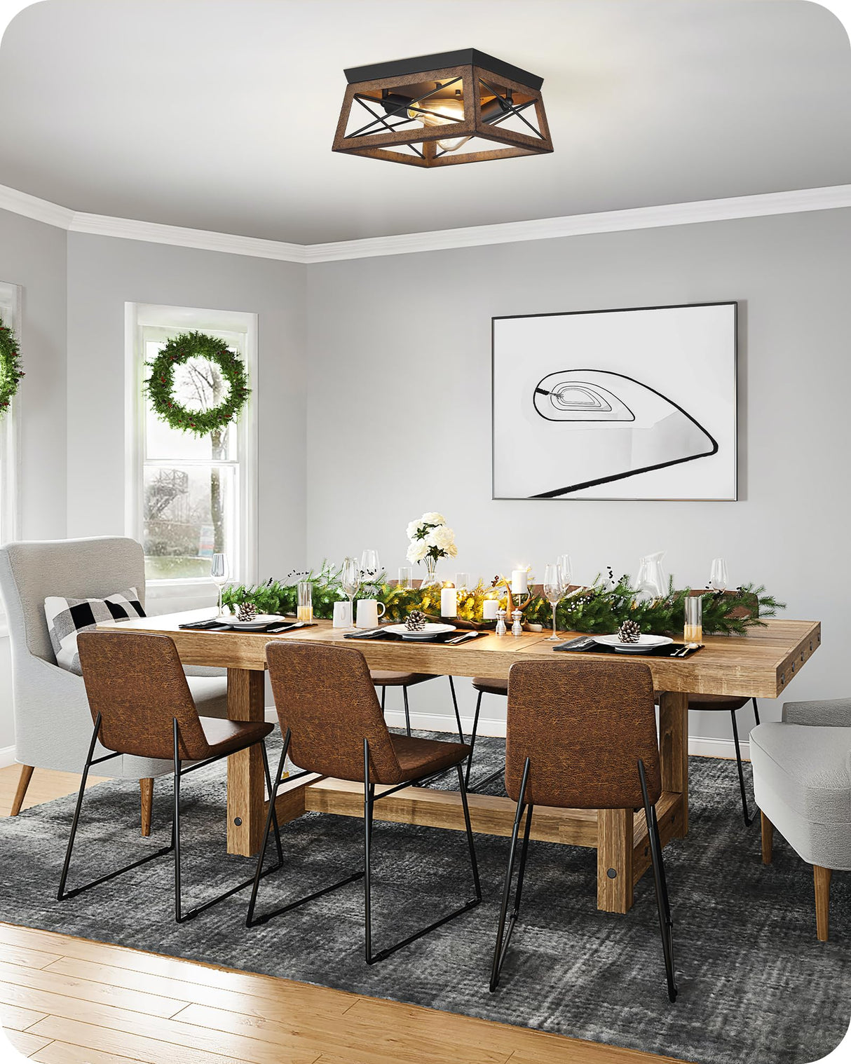 GOEBLESON Light Fixtures Ceiling Flush Mount, Farmhouse Hallway Close to Ceiling Light, Metal Frame Wood Grain, Rustic 2-Light Light Fixtures for Dining Room, Kitchen, Living Room, Brown Black GOEBLESON