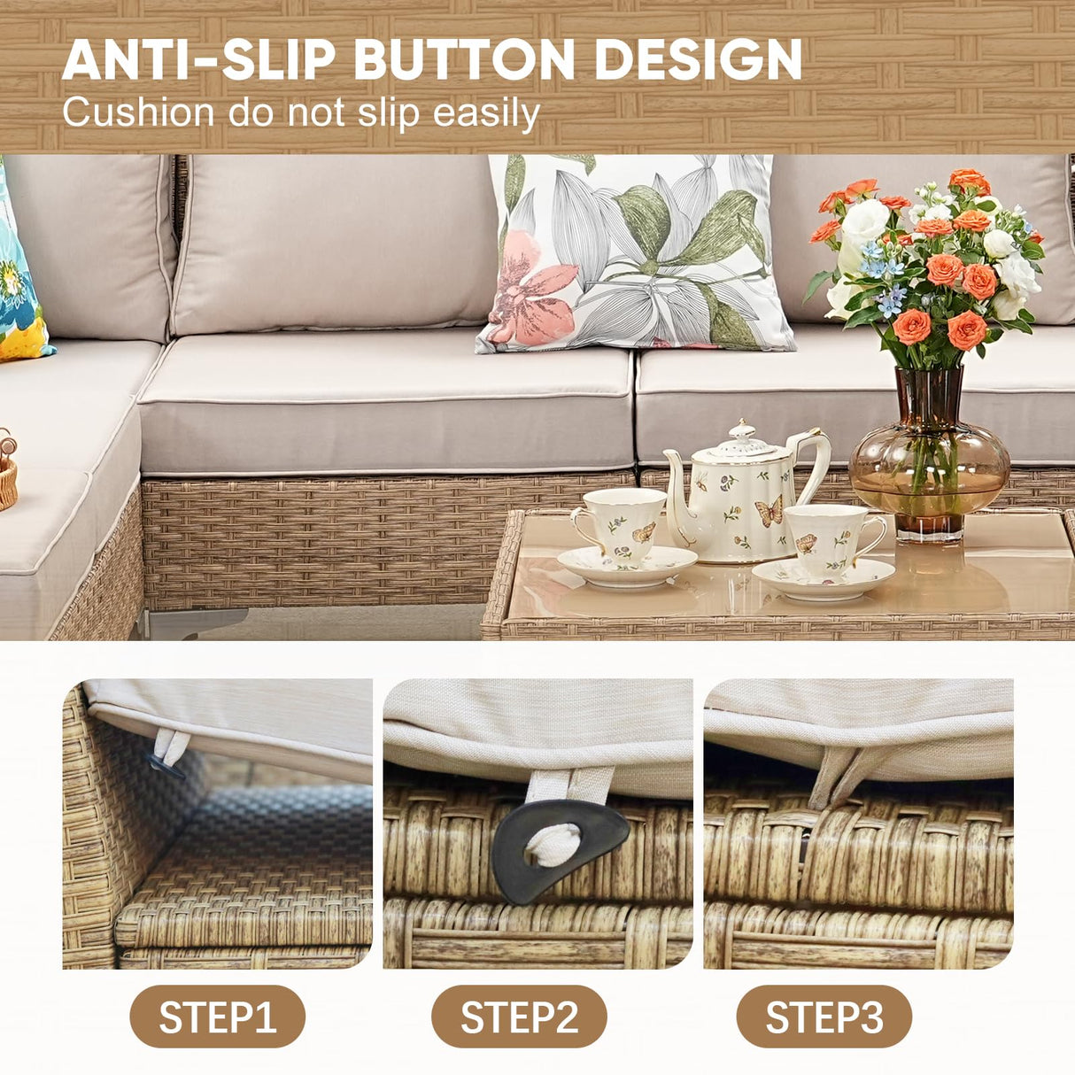 JOYURE 9 Piece Wicker Patio Furniture Set,Outdoor Conversation Sectional Sofa w/Coffee Table,All-Weather Outdoor Sofa with Thick and Anti-Slip Cushions for Deck,Poolside,Garden,Beige JOYURE