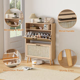 VECHOLL Rattan Shoe Cabinet with 2 Flip Drawers Freestanding Shoe Storage Cabinet for Entryway Slim Hidden Shoe Cabinet with Open Shelf Boho Shoe Rack Cabinet for Hallway, Natural Oak VECHOLL