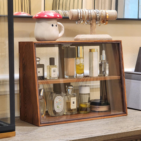 MOOCA Tempered-Glass Wood Display Case with Double Doors, Adjustable 2-Level Collection Display Case for Mini Funko Pop Figures, Bakery Pastry Container, Jewelry Organizer Storage, Brown Color MOOCA