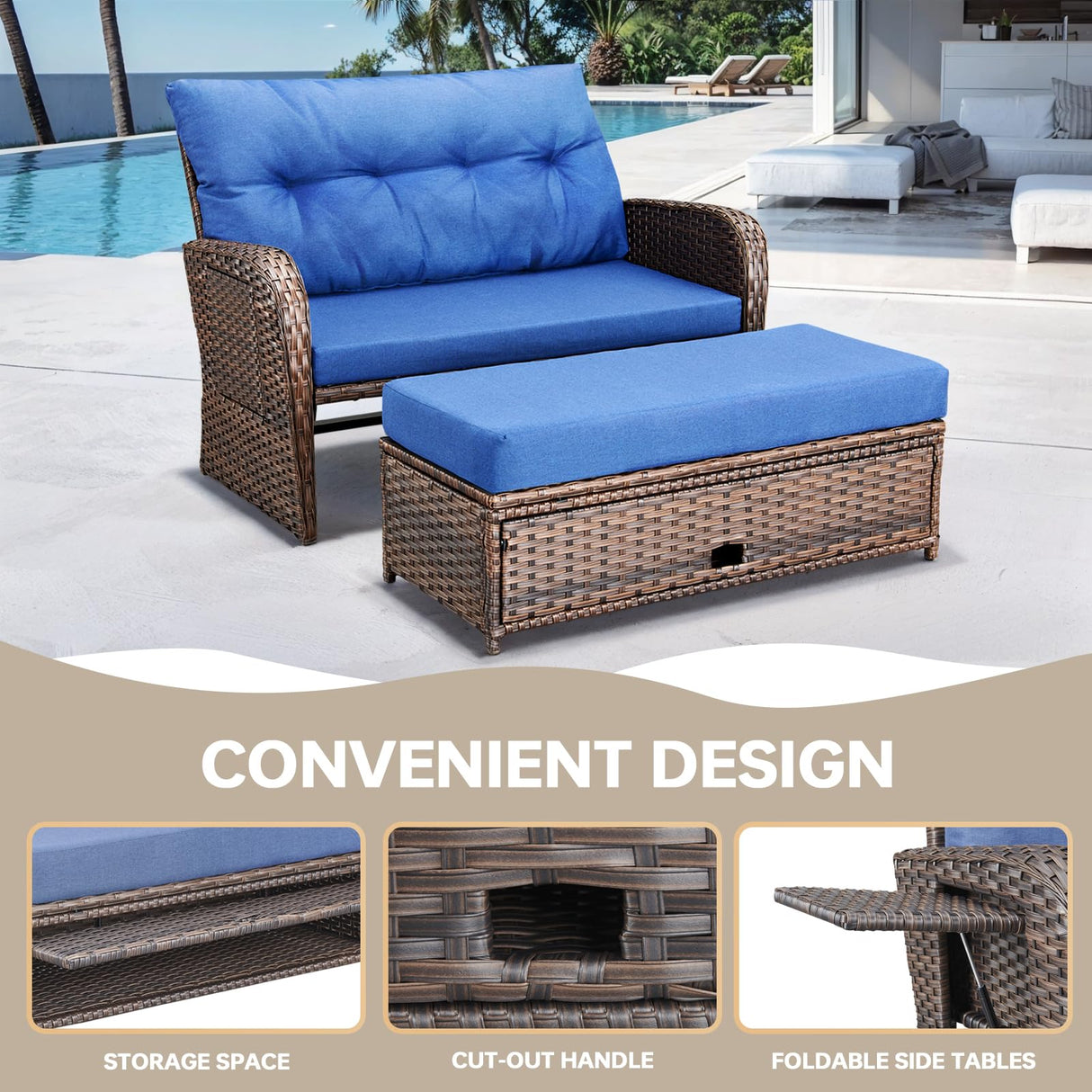 Bellefurn Patio Rattan Daybed, Wicker Recliner Loveseat for Two with Multifunctional Recliner and Stowable Side Tray, 5 Level Adjustable Backrest (Brown Wicker/Blue Cushion) Bellefurn