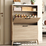 HOMEFORT Shoe Storage Cabinet for Entryway, 31.5" Fluted Shoe Cabinet with 2 Flip Drawers, Mid-Century Modern Hidden Shoe Rack Organizer, Slim Shoe Cabinet for Front Door Entrance, Natural Oak HOMEFORT
