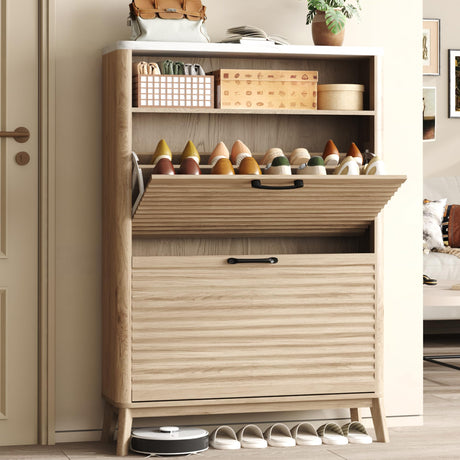 HOMEFORT Shoe Storage Cabinet for Entryway, 31.5" Fluted Shoe Cabinet with 2 Flip Drawers, Mid-Century Modern Hidden Shoe Rack Organizer, Slim Shoe Cabinet for Front Door Entrance, Natural Oak HOMEFORT