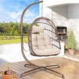 RADIATA Wicker Egg Swing Chair with Stand for Outside, Outdoor Comfy Hanging Egg Patio Chairs with Thick Cushion, 350Lbs Durable Swinging Rattan Chair for Bedroom Porch Backyard Balcony, Brown, Tan RADIATA