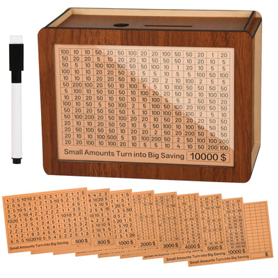 10000 Kakeibo Wooden Money Saving Challenge Box Cash Vault Piggy Bank for Adults Kids Savings Goals Smash Box Saver for Boys and Girls (10 Amounts)