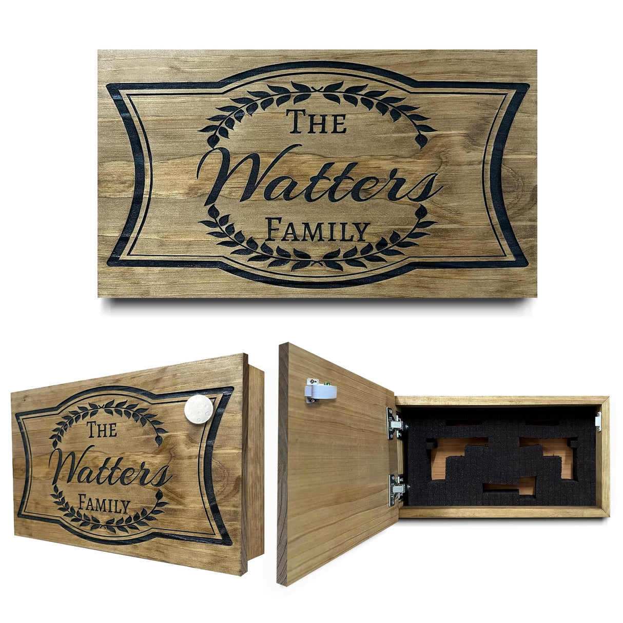 Customizable Family Name Concealment Shelf - Handcrafted Hidden Gun Safe with Magnetic Lock - Quick Access Gun Concealment Decor - Custom, Laser Engraved Wood Gun Cabinet By Bellewood Designs Bellewood Designs